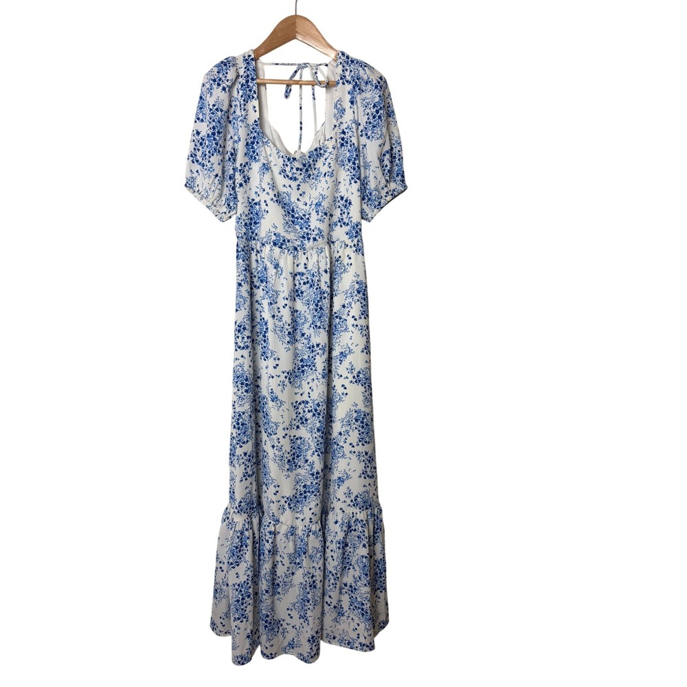 Sugar Lips Blue White Floral Maxi Dress Puff Sleeve Tiered Ruffle Size S